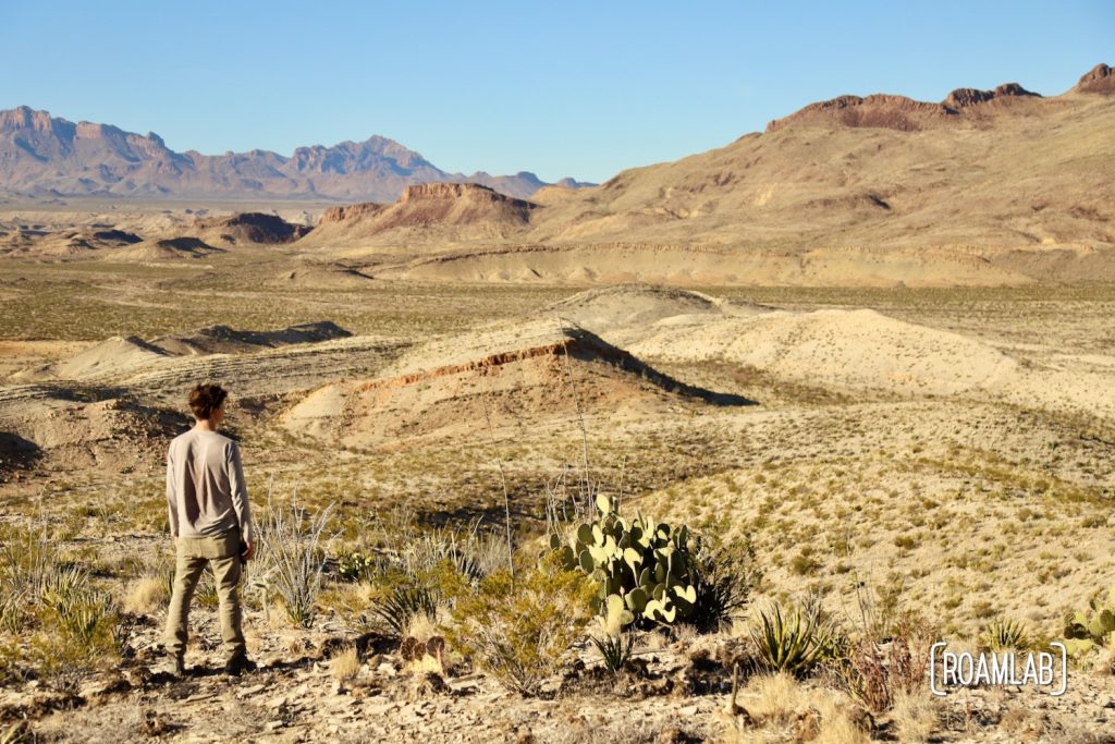 Man looking out into the mountainous desert.