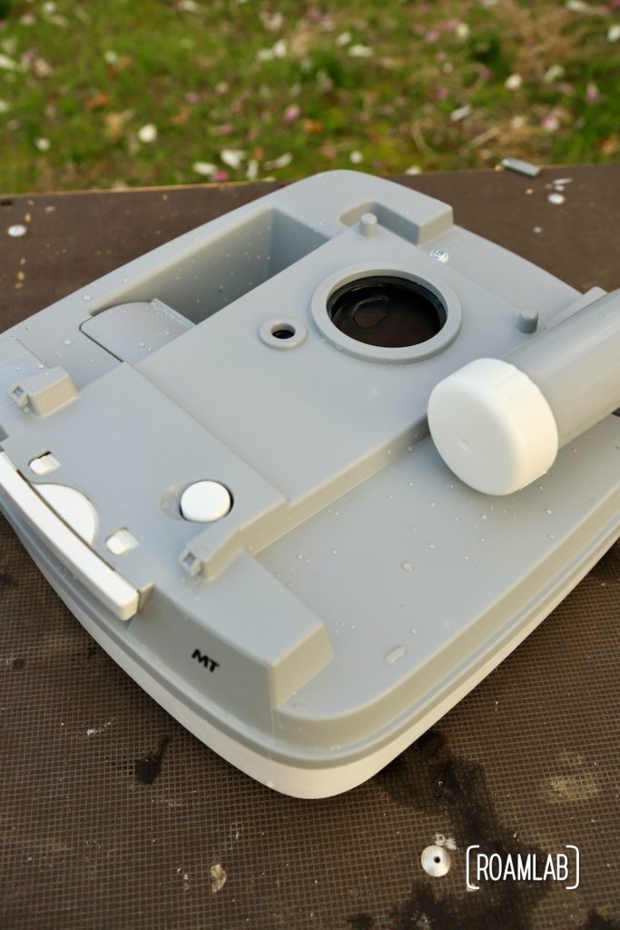 Overhead view of the waste holding tank of a Thetford MT Campa Potti.