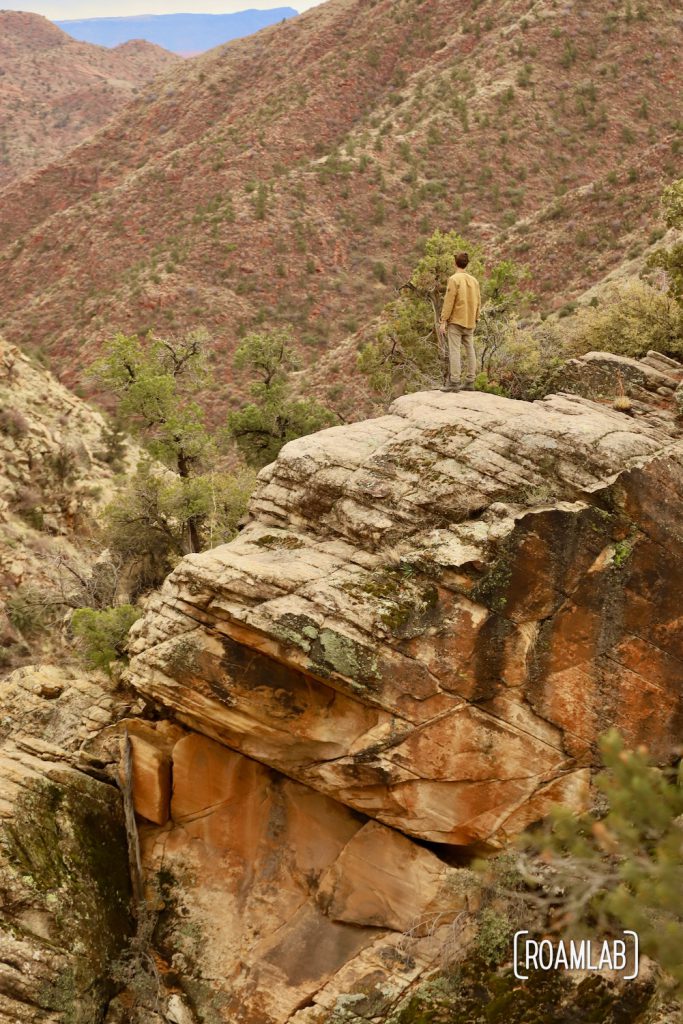 Man standing on a boulder looking out across Dixie National Forest.