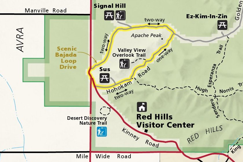 Map of Scenic Bajada Loop Drive in Tuscon Mountain District of Saguaro National Park, Arizona.