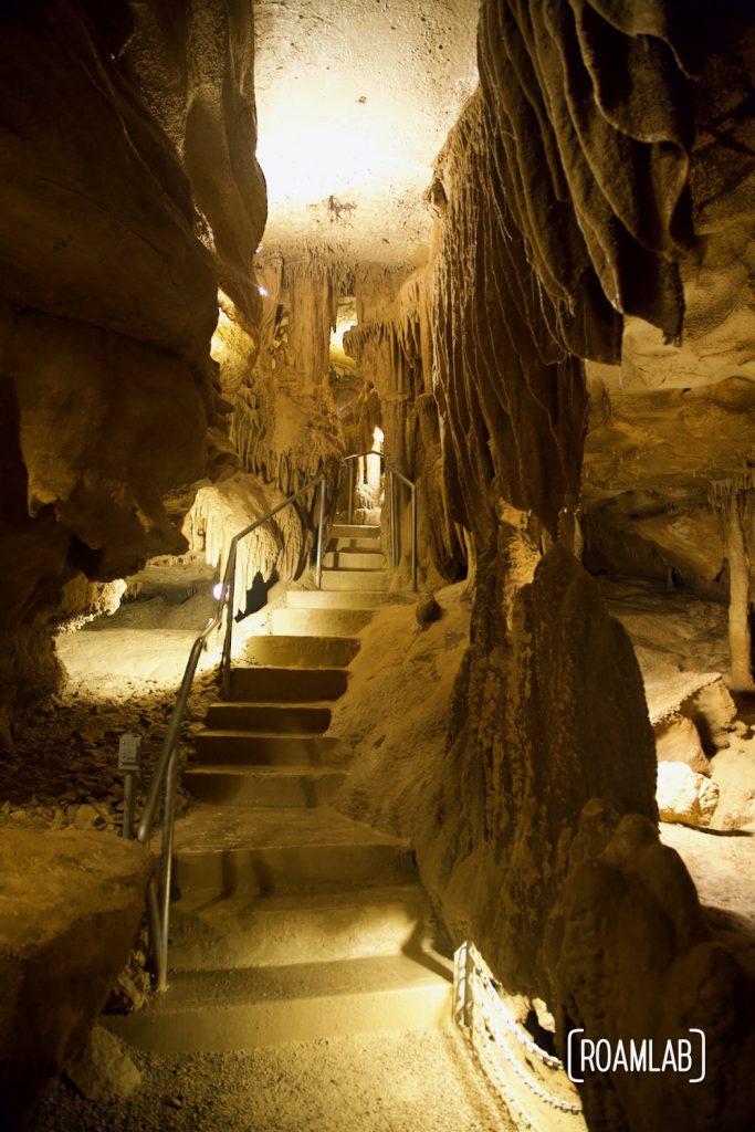Subterranean trail winding through Crystal Onyx Cave.