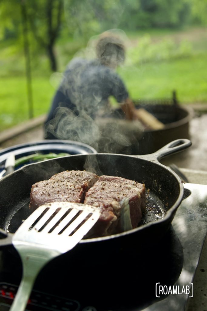 Grilling steaks at Houchin Ferry Campground in Mammoth Cave National Park.