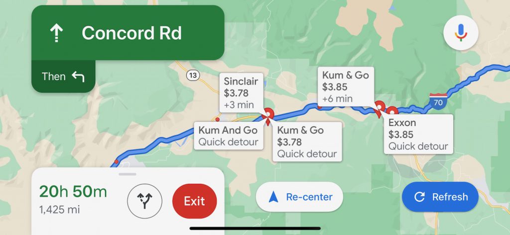 Screenshot of Google Maps route with gas station prices listed along the way.