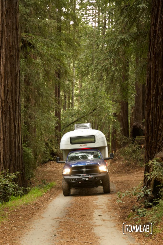 1970 Avion C11 truck camper driving among redwood trees in California