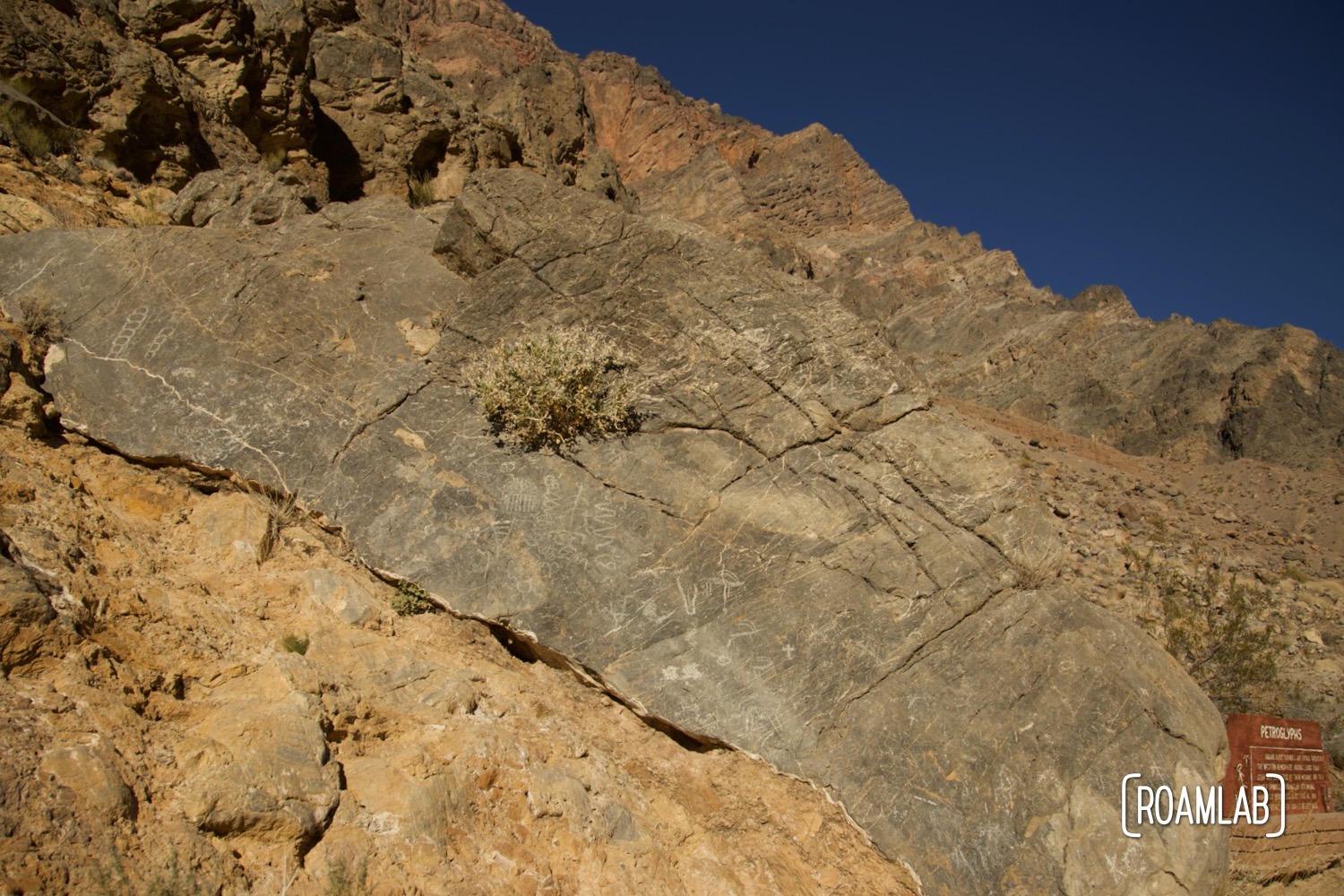 White petroglyphs covering a rock along Titus Canyon Road in Death Valley National Park, California.