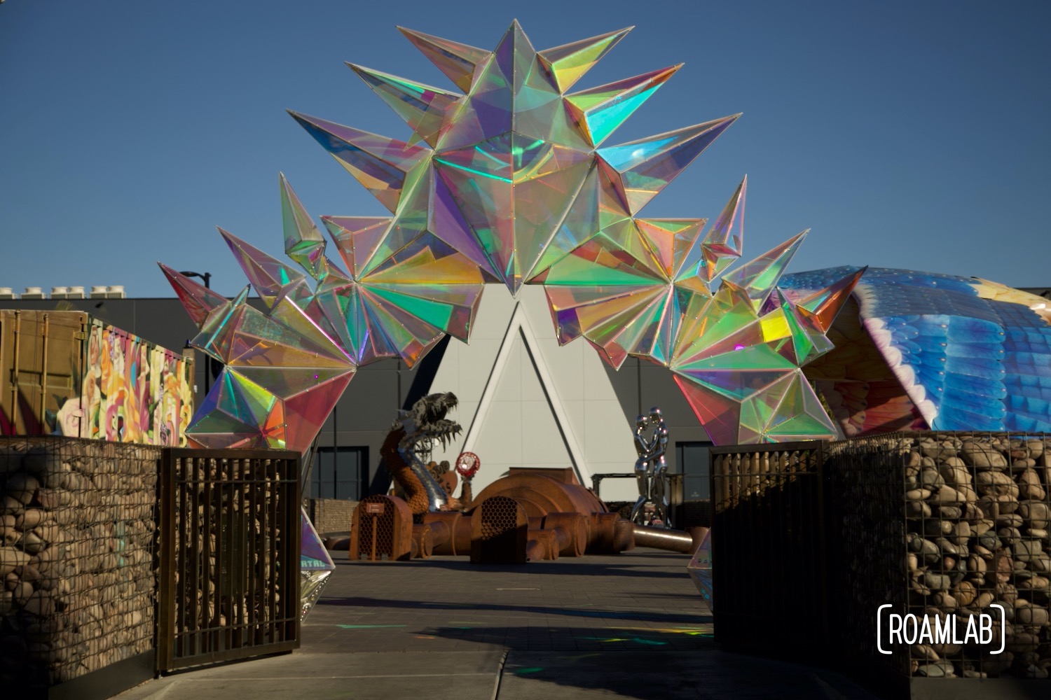 Outdoor art installation outside of Area 15, part of Meow Wolf's Las Vegas location: Omega Mart.