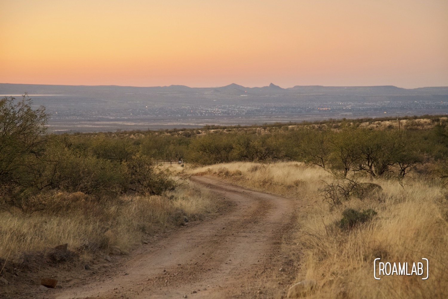 Dirt road winding through grassy desert land at sunset.