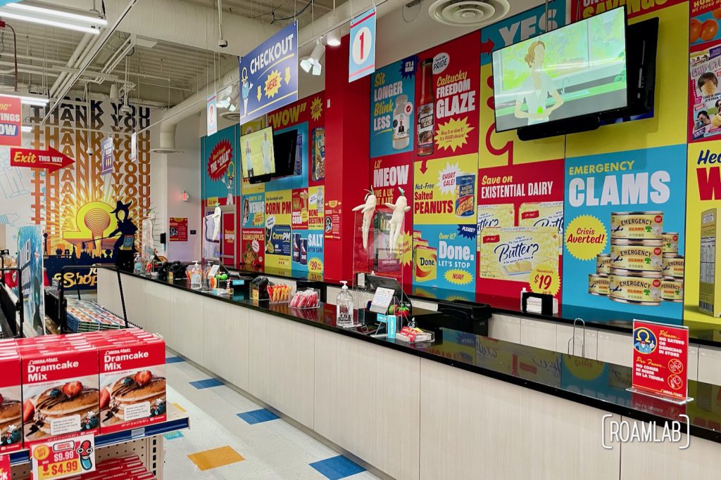 Colorful checkout counter at Omega Mart, Meow Wolf's Las Vegas location.