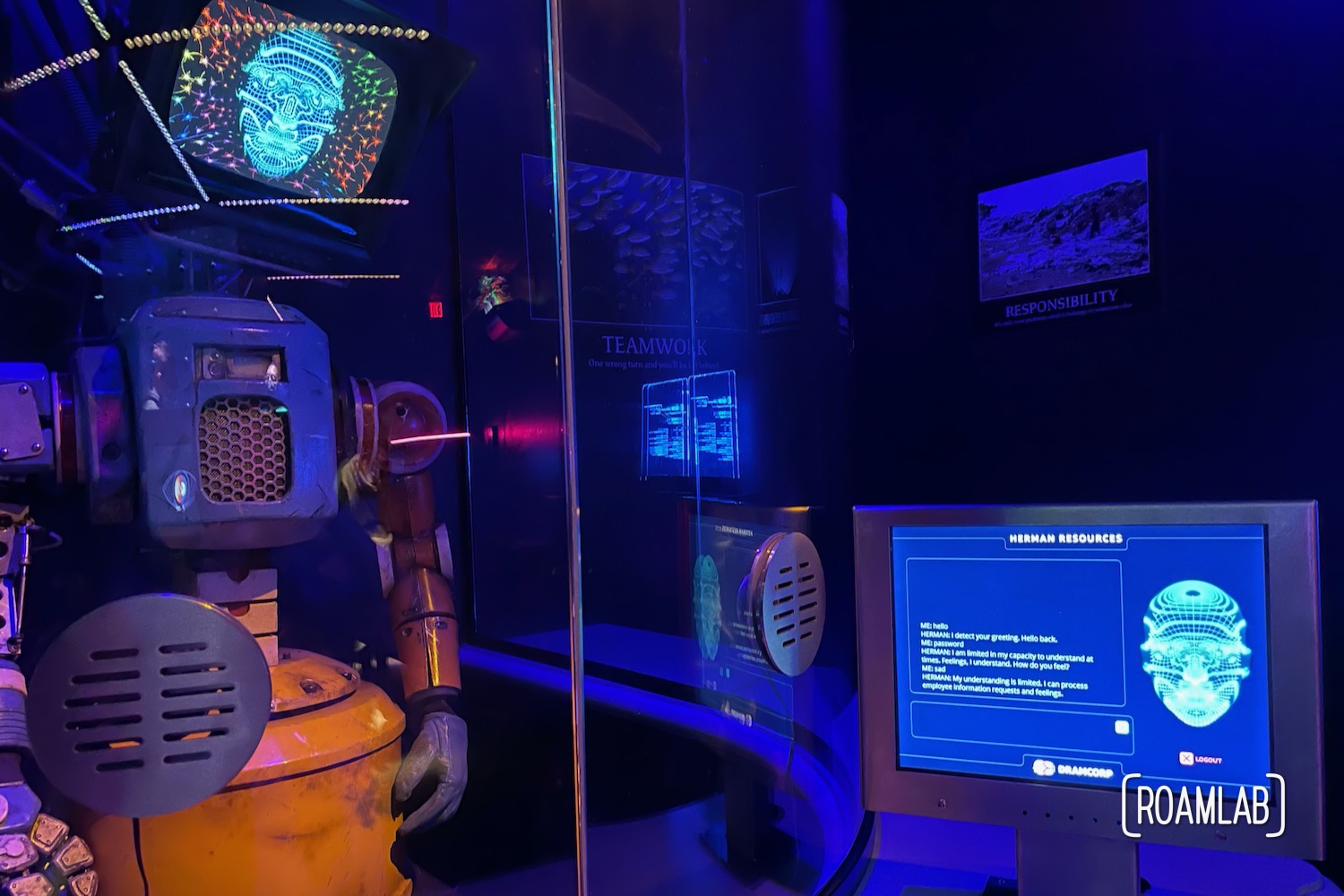 Robot with a screen and dialog in the office suite of Dramcorp, parent company of Omega Mart, Meow Wolf's Las Vegas location.