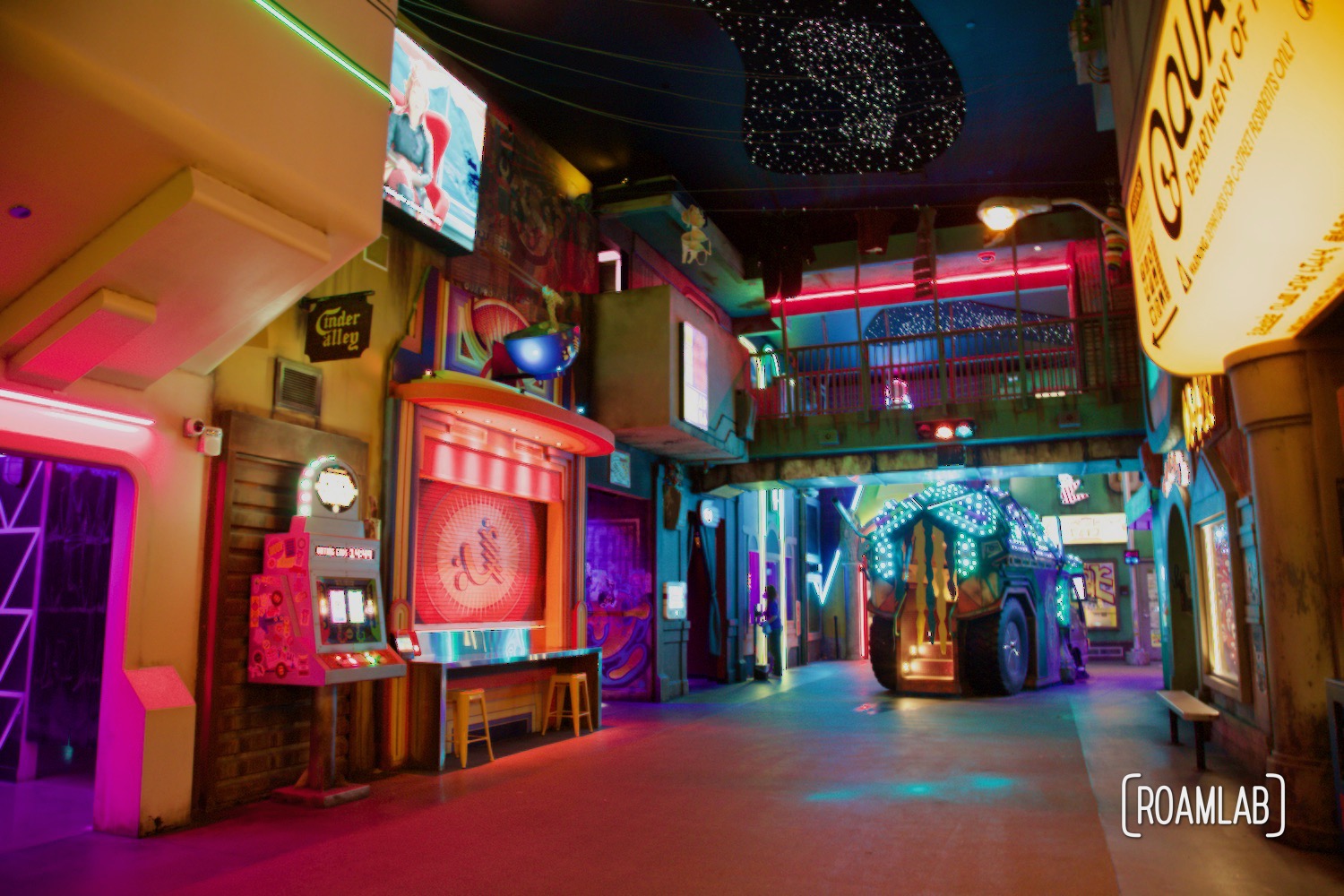 Cyberpunk inspired metropolis of C Street at Convergence Station, Meow Wolf's Denver, Colorado location.