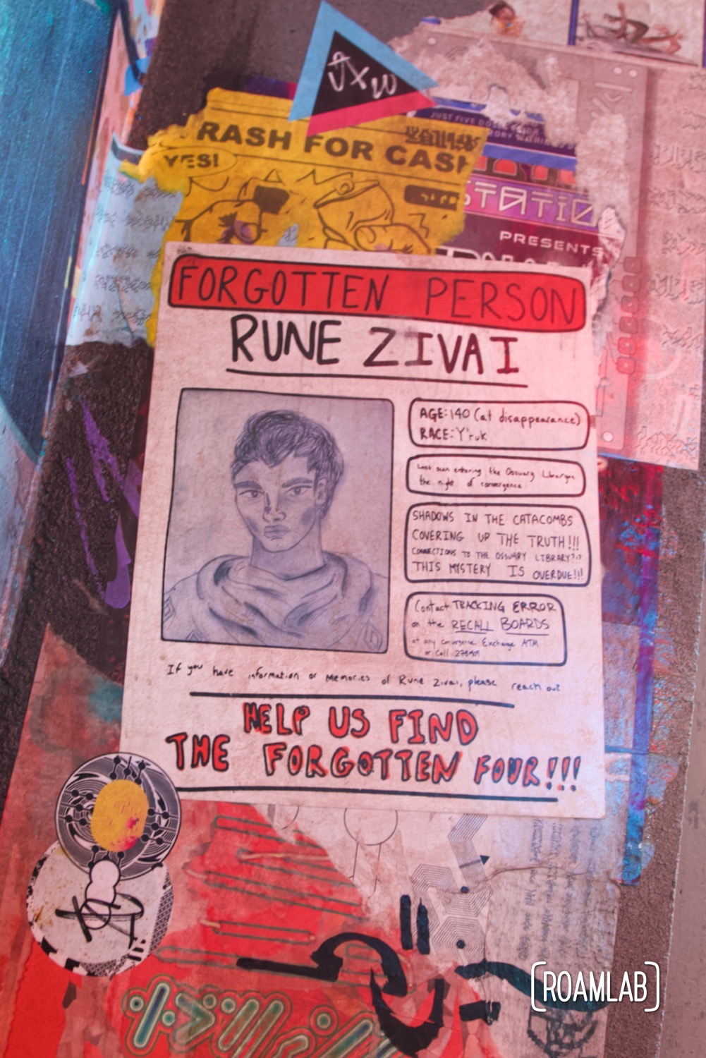 Missing poster for Rune Zivai on the cyberpunk inspired metropolis of C Street at Convergence Station, Meow Wolf's Denver, Colorado location.