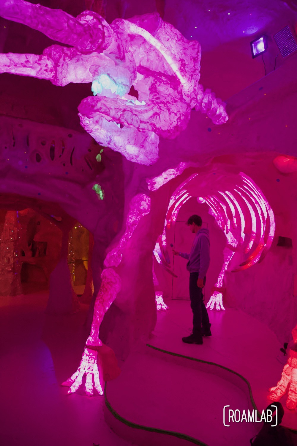 Man standing in the rib cage of a psychedelic mammoth at the  House of Eternal Return, Meow Wolf's Santa Fe, New Mexico Location 