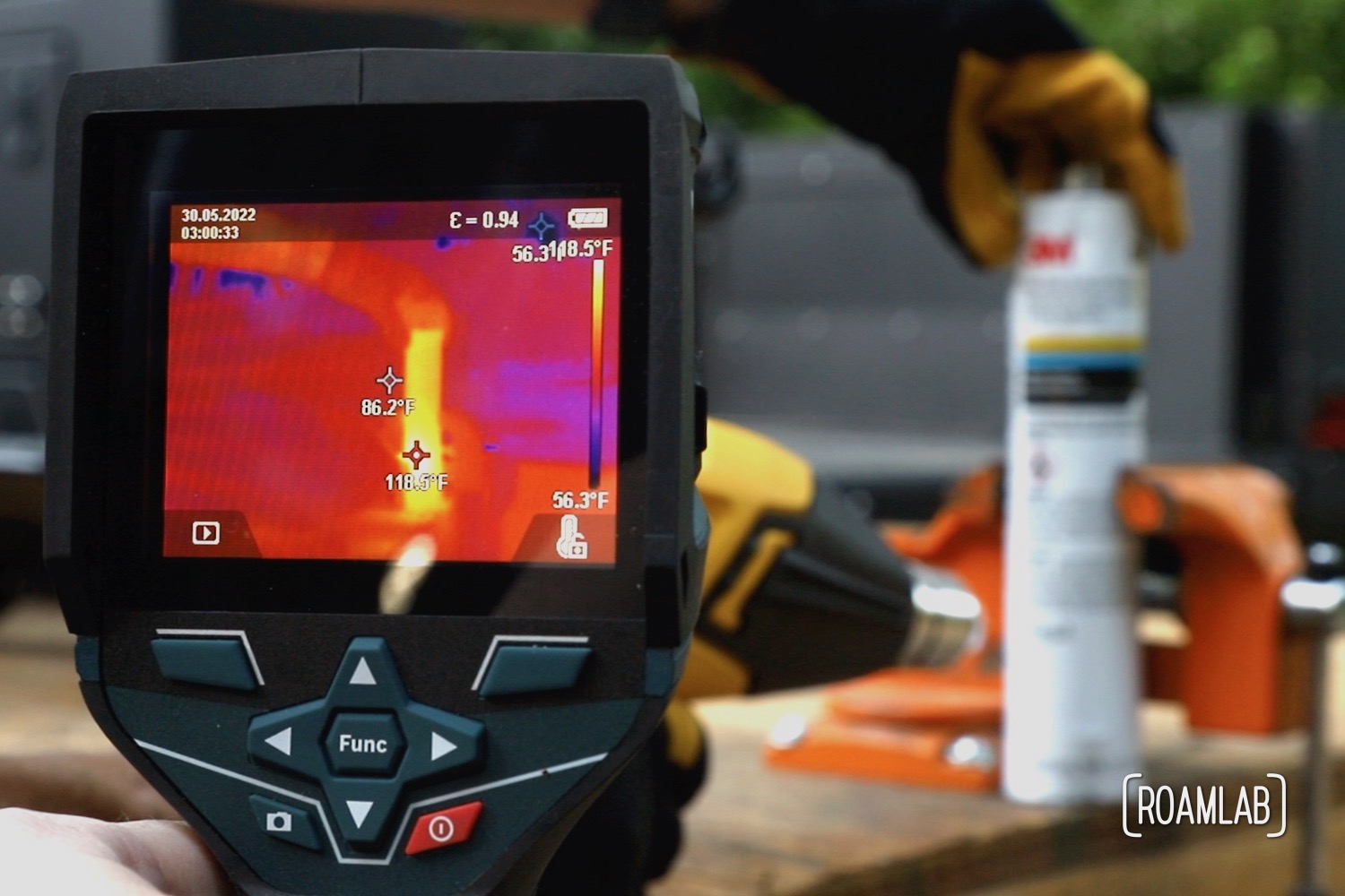 Point of view of a thermal camera tracking a urethane bottle warmed by a heat gun.