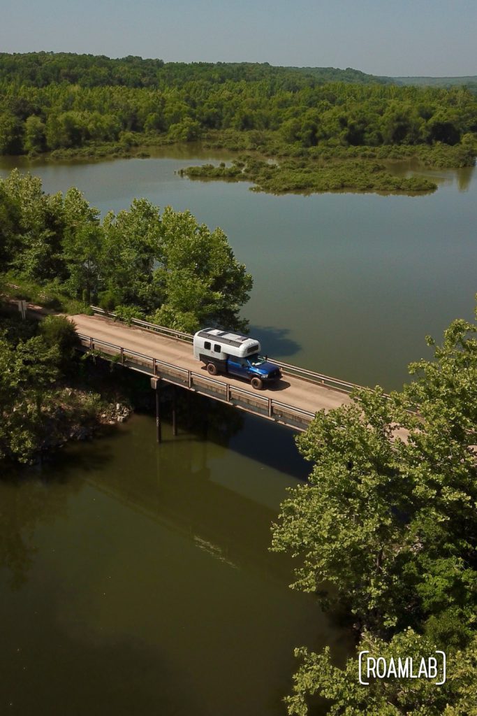 Avion C11 truck camper crossing the bridge over Pryor Bay in Land Between the Lakes.