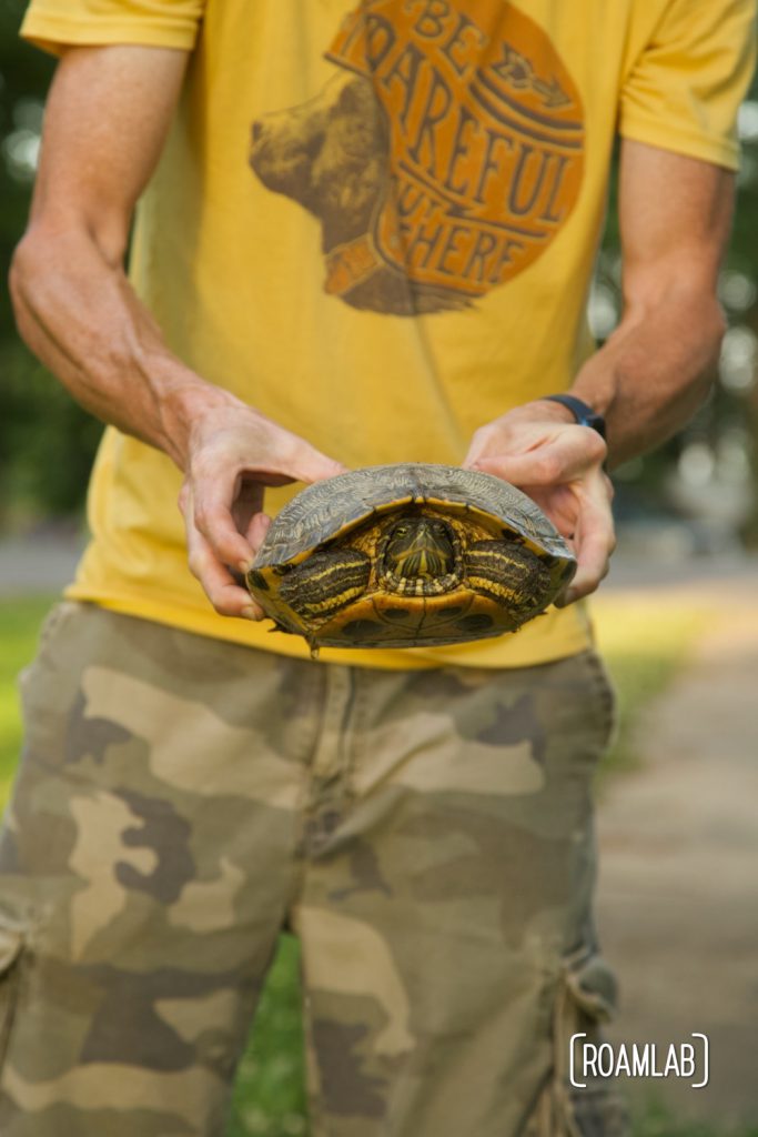 Man holding a turtle