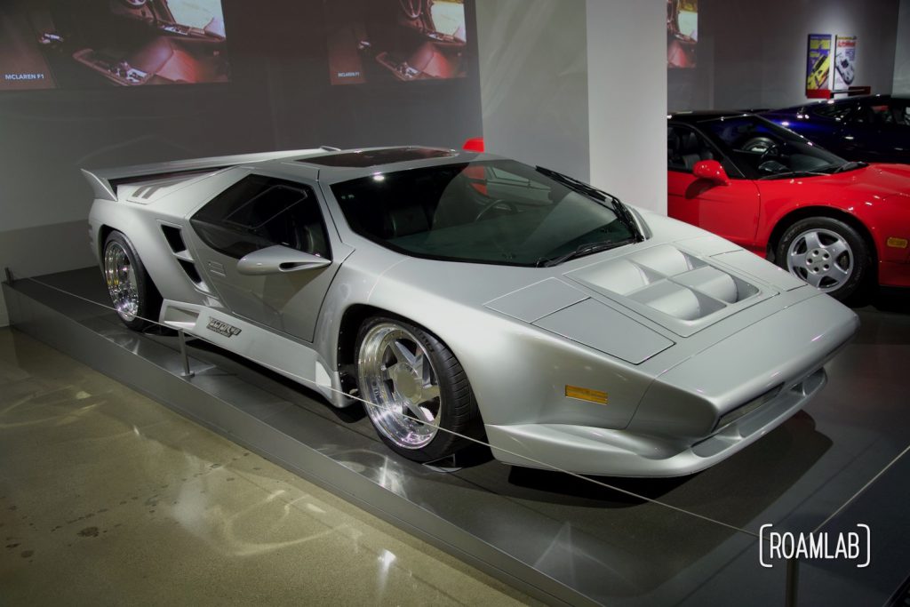 Silver 1993 Vector W8 on display at the Petersen Automotive Museum.