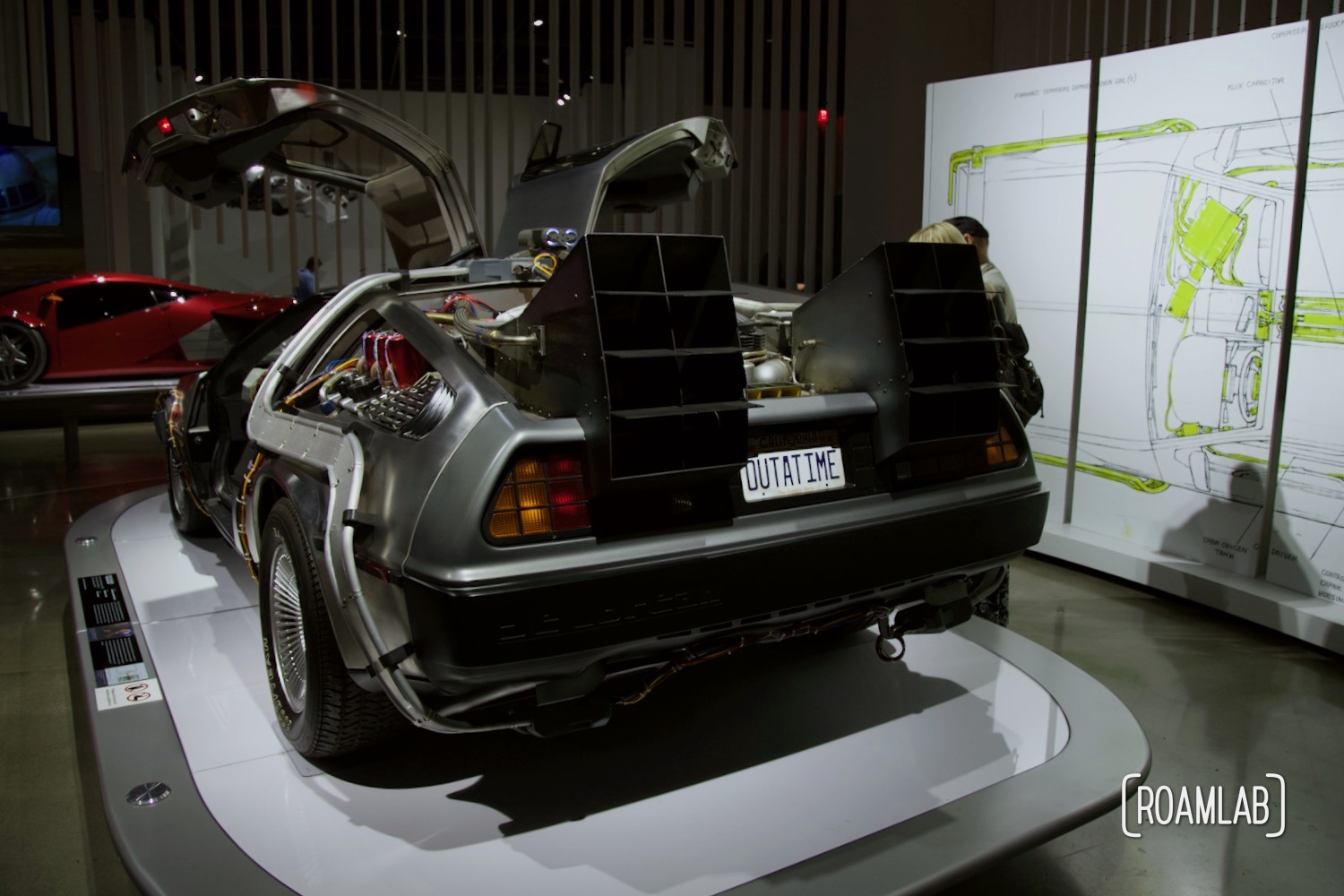 Rear view of the 1981 DeLorean "Time Machine" from Back to the Future on display at the Petersen Automotive Museum.