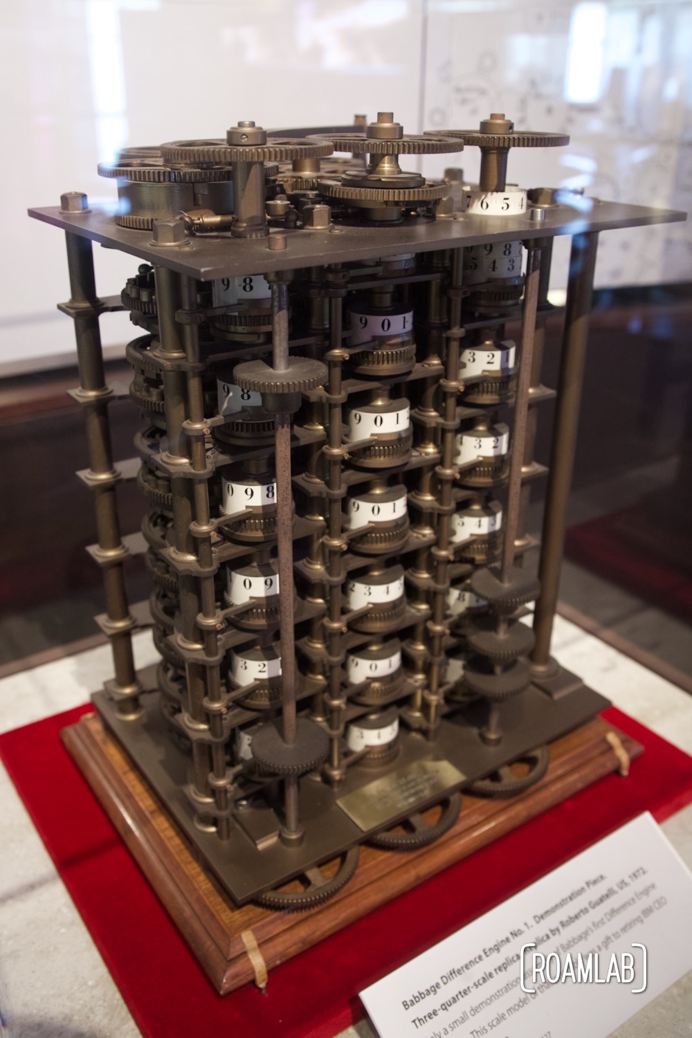 Close-up view of a Babbage Machine replica on display.