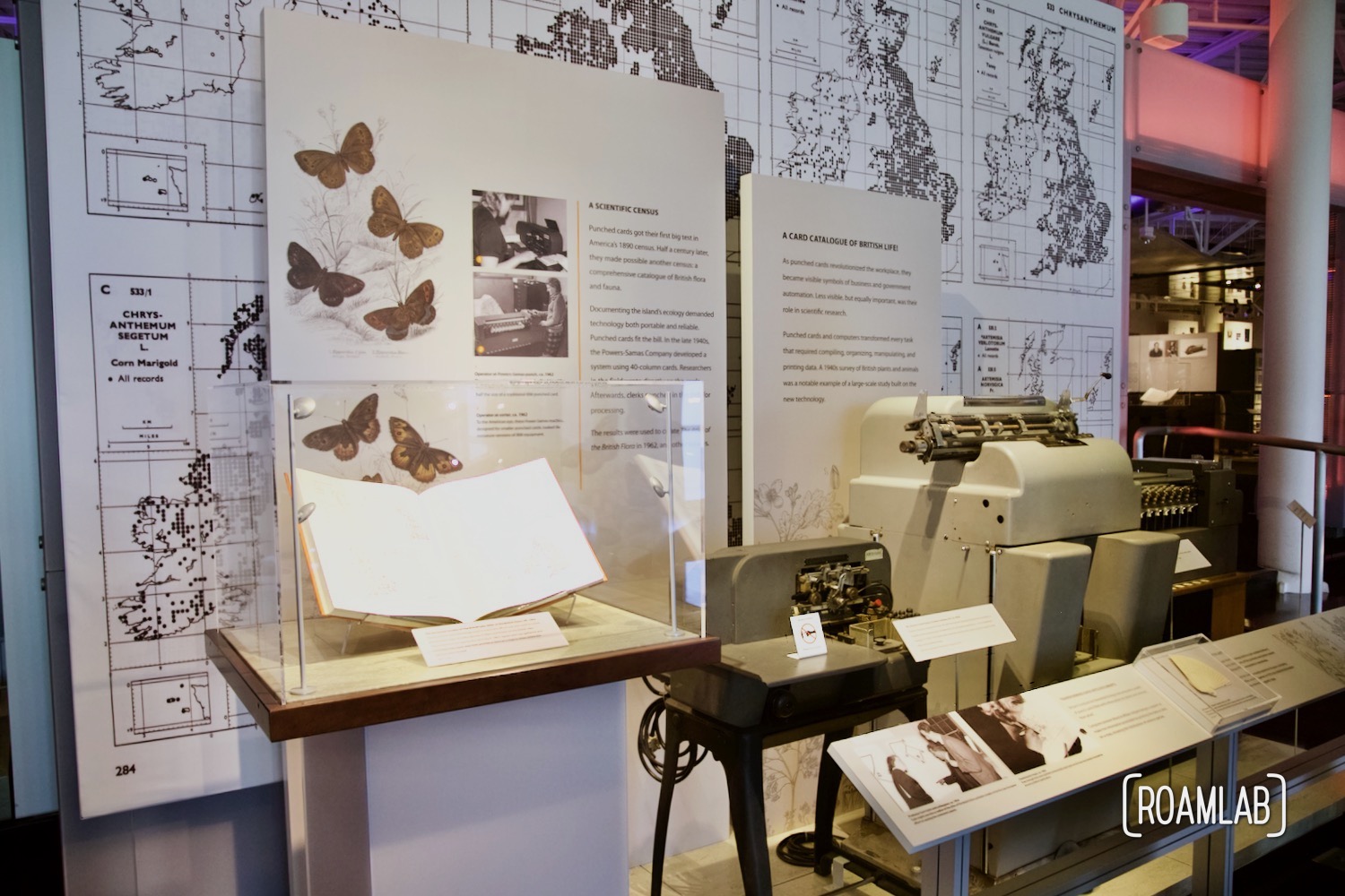 Display of early punch cards, machine, and other early data records.