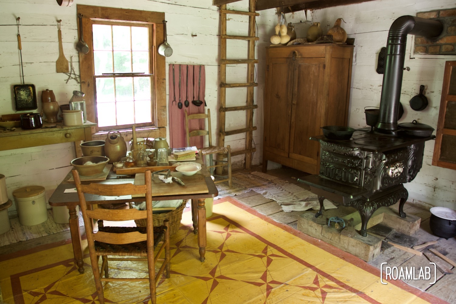 Kitchen interior of a double pen house in Homeplace 1850s Working Farm and Living History Museum.