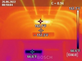 Thermal image of the interior of a truck camper highlighting extreme temperature differences between the air conditioner output and heat radiating through a roof window.