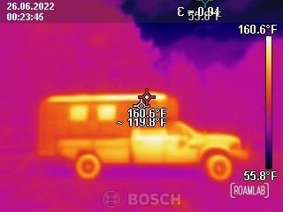 Thermal image of a truck camper registering up to 160.6°F along a strip of solar panels.