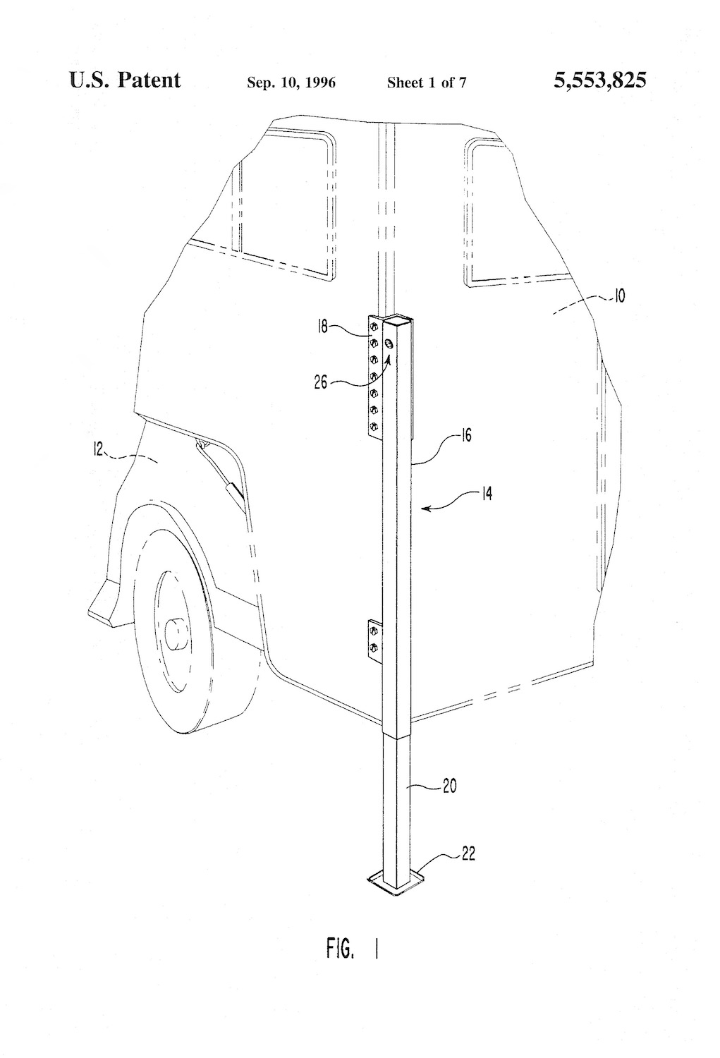Diagram of a jack mounted to a truck camper from Patent US5553825A