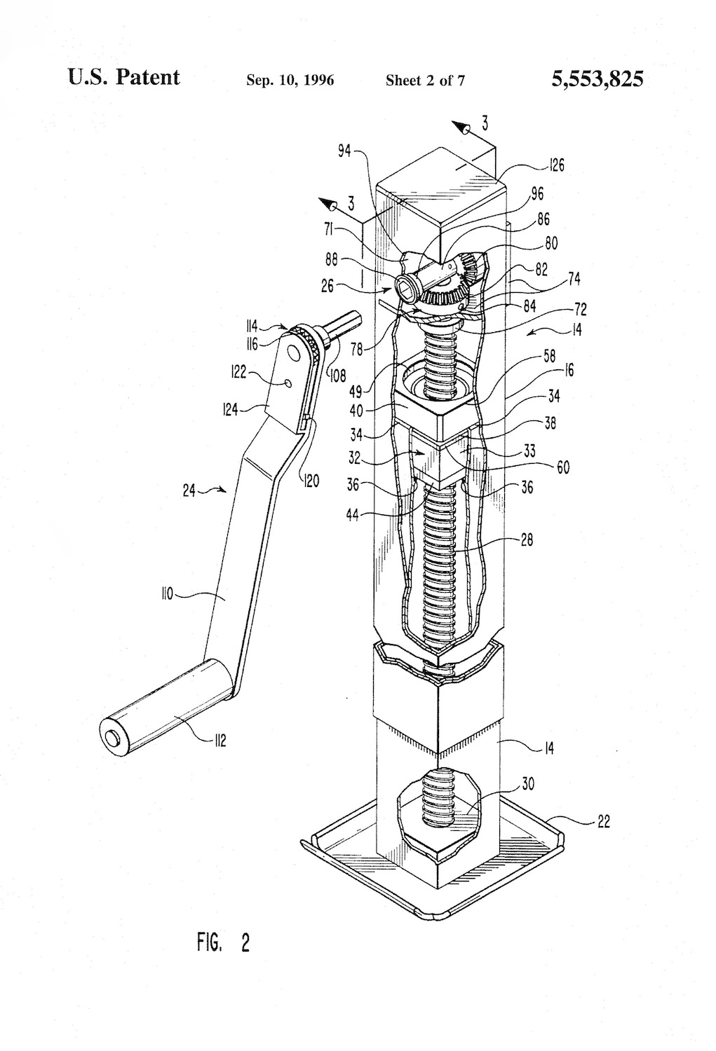 Diagram of a mechanical jack internal screw mechanism and hand crank for Patent US5553825A.