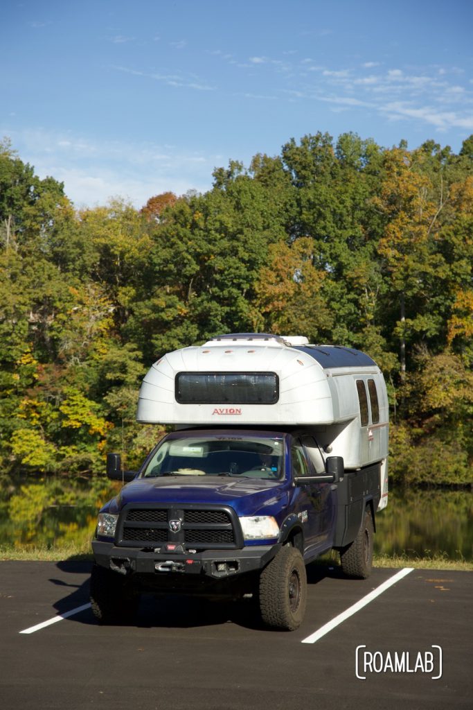 1970 Avion C11 truck camper parked in a lot at the Warriors Path State Park in Tennessee.