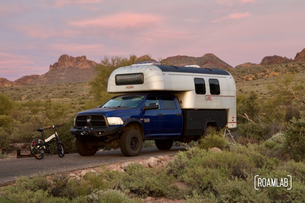 1970 Avion C11 truck camper parked at the Lost Dutchman State Park Campground.