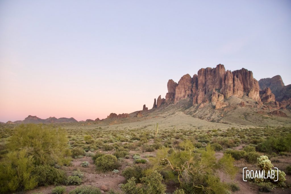 Sunset view of the Superstition Mountains at Lost Dutchman State Park.