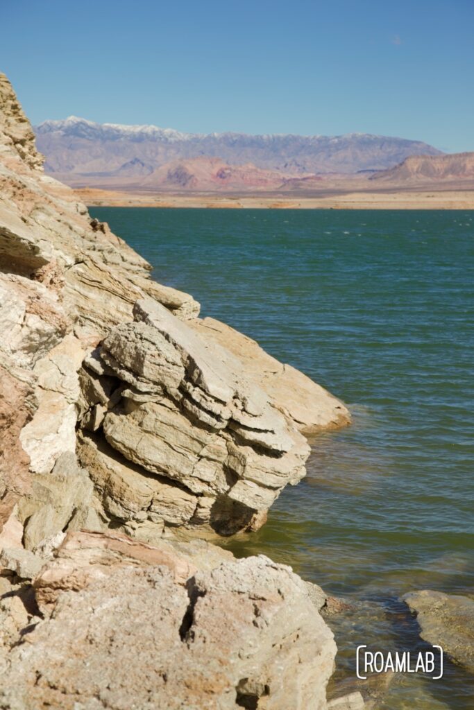 Sandstone cliffside rising out of Lake Mead.